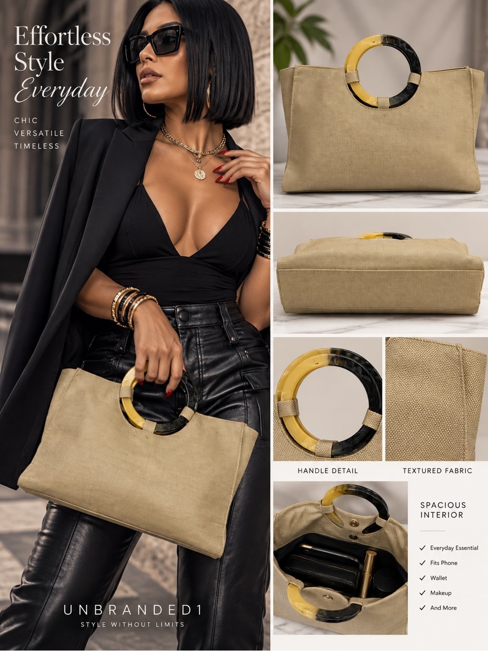 Unbranded Beige Textured Fabric Tote with Round Two-Tone Handle